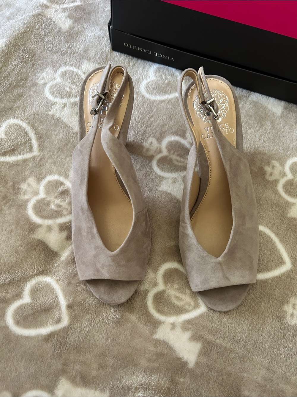 Vince Camuto Taupe Suede Slingback Peep-Toe Heels